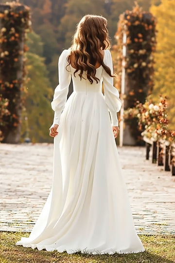 Ivory A Line Square Neck Long Sleeve Wedding Dress
